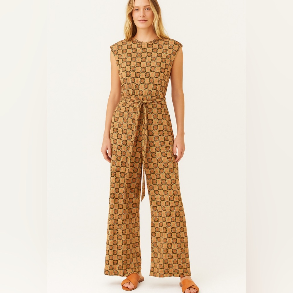 Free People Brown Patterned Sleeveless Jumpsuit
